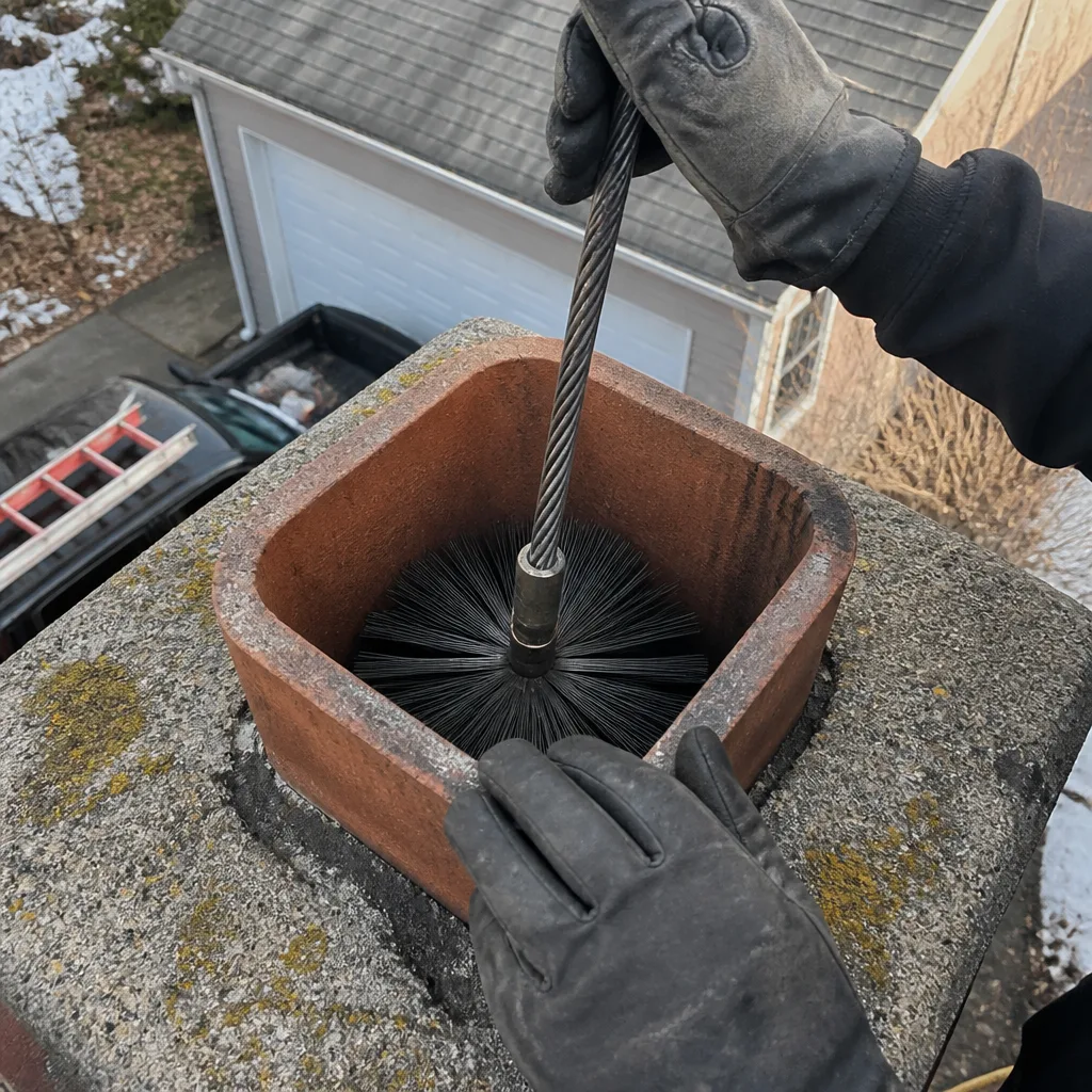 Professional chimney sweep cleaning a brick chimney flue with a wire brush