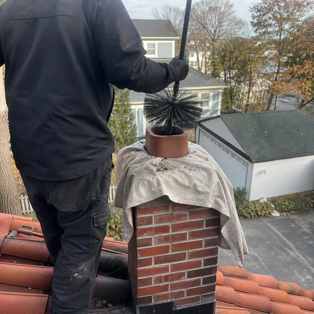 Professional chimney sweep cleaning a brick chimney with a brush tool