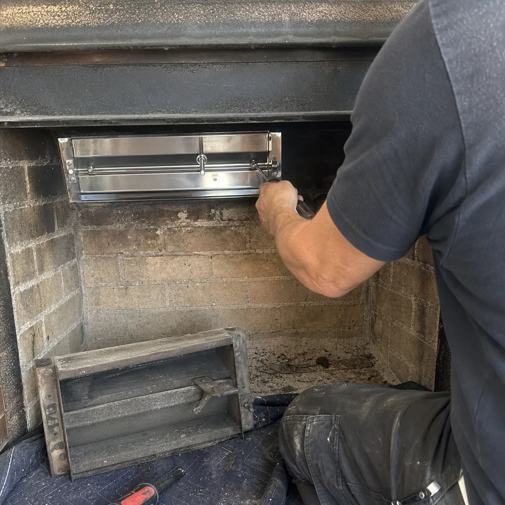 Technician installing a new stainless steel fireplace damper in a brick hearth