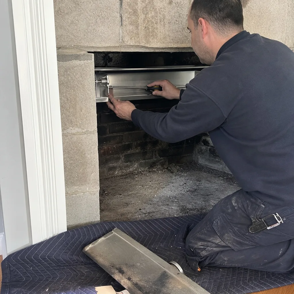 Professional technician installing a stainless steel fireplace component during a maintenance service