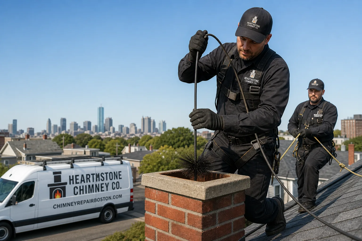 Hearthstone Chimney Co. chimney cleaning service vehicle and crew in Boston, MA